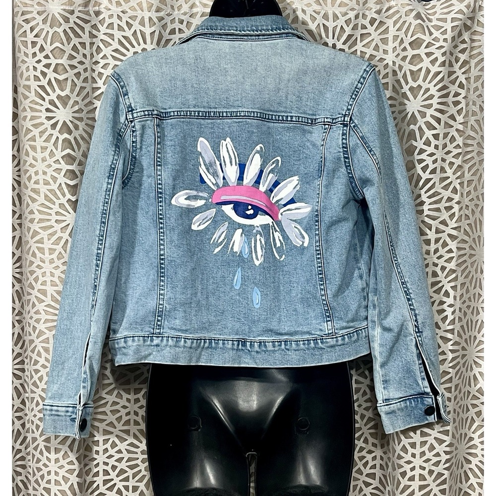 Nordstrom Cristina Martinez Jean Jacket Large Light Wash Denim Eye Graphic